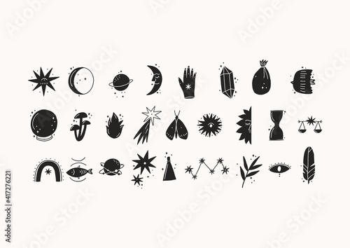 Boho magical vector illustrations. Vector witch magic design elements set. 