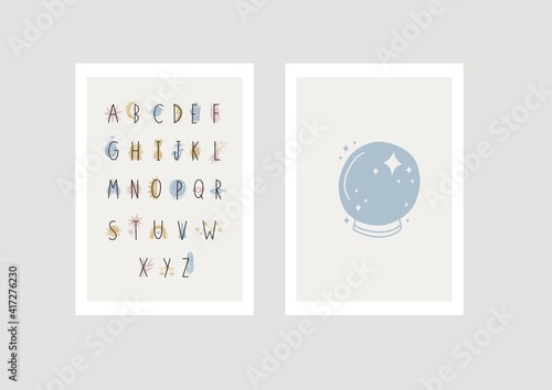 Boho magical vector illustrations. Vector witch magic design elements set. Hand drawn Magical Alphabet