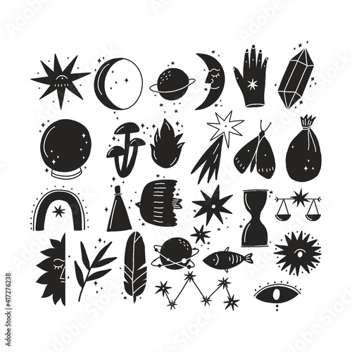 Boho magical vector illustrations. Vector witch magic design elements set. 
