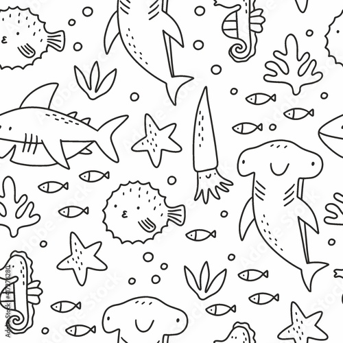 Cute shark in doodle style. Vector print for little kids