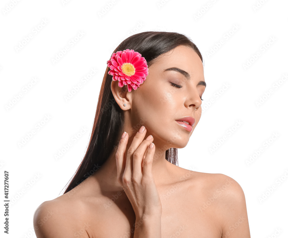 Beautiful young woman with flower on white background Beautiful young woman with flower on white background