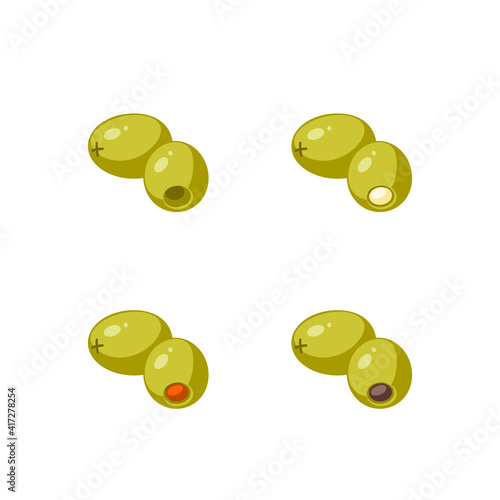 Set of pitted and filled green olives. Vector illustration of cartoon flat icon collection isolated on white background.