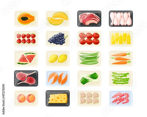 Meat, poultry, seafood, vegetables, fruits and berries, set of supermarket food product packaging. Vector illustration cartoon flat icon collection isolated on white background.