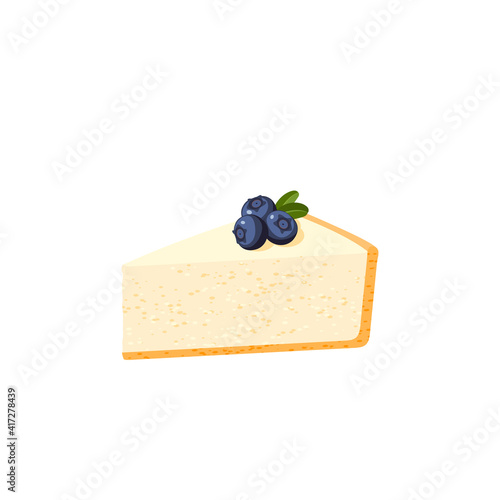 Cheesecake slice with blueberry. Vector illustration cartoon flat icon isolated on white background.