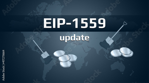 EIP-1559 Ethereum network update affects the speed of transactions and the earnings of miners on dark background. Banner for news and websites. Vector illustration.