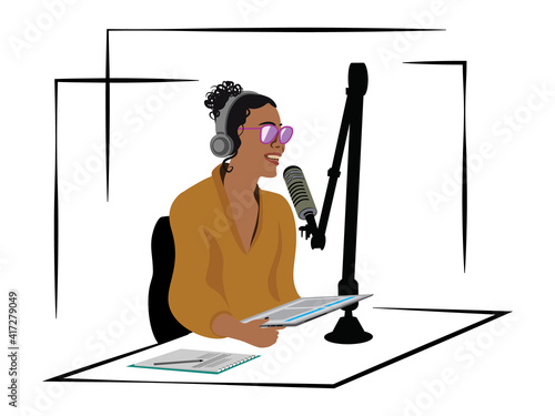 Person speaking into a microphone, recording a podcast, mass media concept, vector illustration, flat design.
