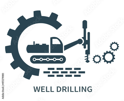 Vector illustration of the well drilling logo, icon, and sign. Web, tractor.