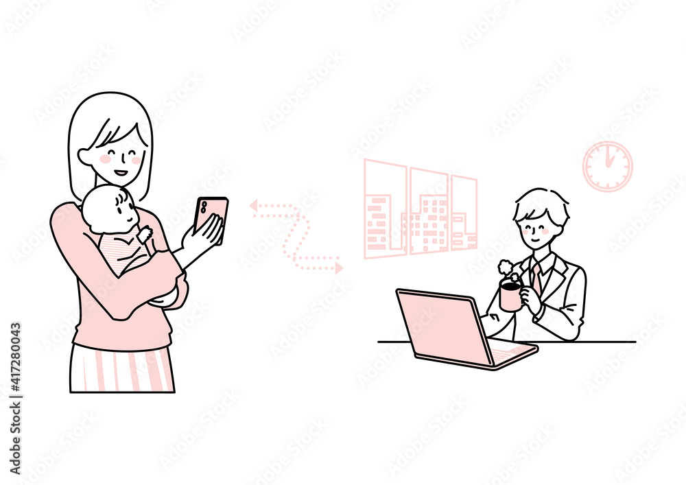 スマホで職場の夫と通信する妻 スマホで職場の夫と通信する妻