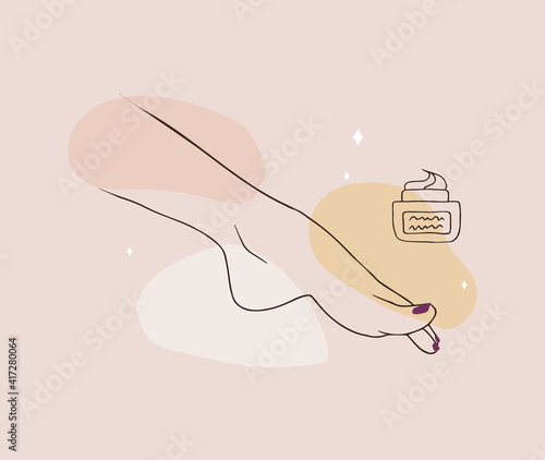 Female pedicured feet. Lady painting, polishing nails. Nail polish and nail file. Vector Illustration of elegant female feet in a trendy minimalist style. Beauty logo for nail studio or spa salon.