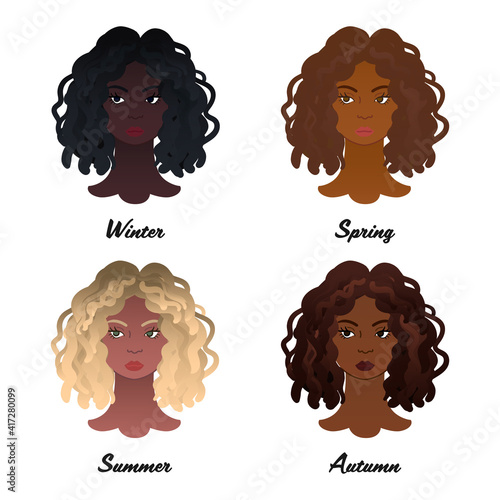 12 seasonal color types. Four colour types of african women appearances. Winter, Spring, Summer and Autumn - set of vector isolated lady heads with best lipstick tones