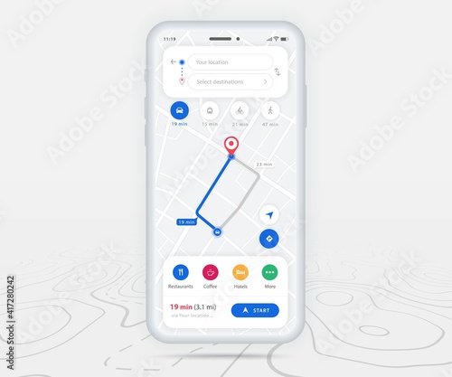 UX UI Smartphone map GPS navigation app concept, Mobile map application, App search map navigation, Technology map, City navigation maps, City street, gps tracking, Location tracker, Vector