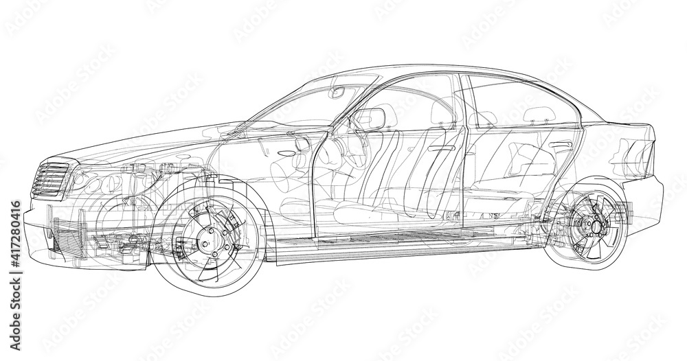 Electric Car With Chassis. Vector rendering of 3d