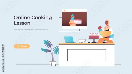 arab woman food blogger preparing cake while watching video tutorial with arabic chef in web browser window online cooking lesson concept horizontal copy space vector illustration