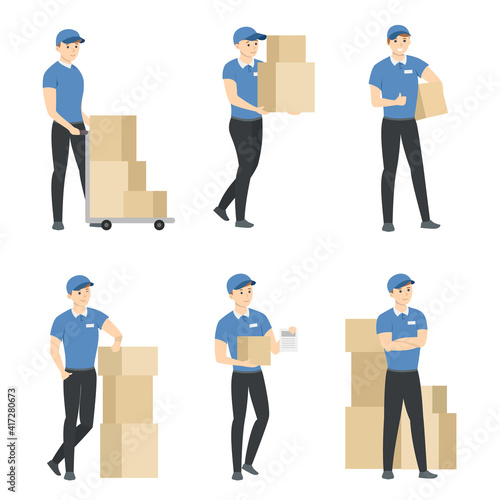 delivery service worker, postman, loader, man with paper boxes. vector illustration