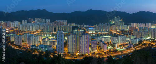 Canvas Print Aerial view of residential district of Hong Kong city at dusk