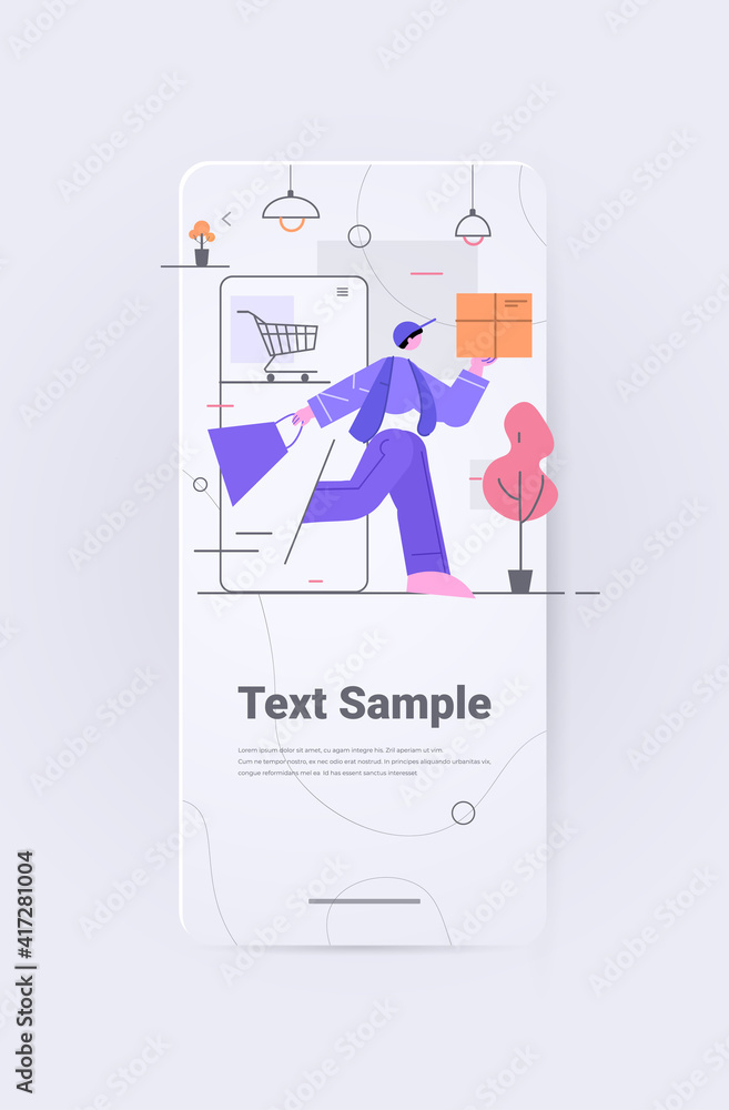 Fototapeta premium deliveryman holding cardboard box courier carrying parcel online express delivery service concept vertical full length copy space vector illustration