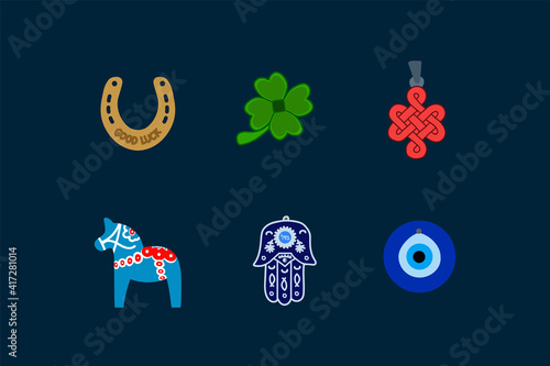 Set the symbol of good luck. Hamsa amulet, Nazar, Golden Horseshoe, Chinese knot, Dala Horse, Green Clover for good luck. Symbols that bring good luck and fortune. A pattern for luck drawn by hand