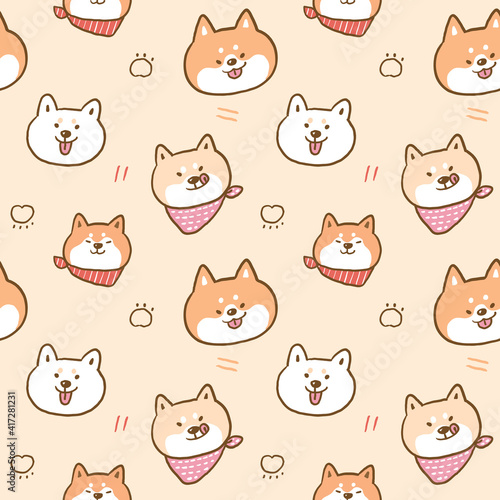 Seamless Pattern with Cute Shiba Inu Dog Face Illustration Design on Beige Color Background