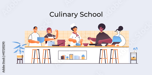 mix race chefs preparing dishes people cooking food culinary school concept kitchen interior horizontal portrait vector illustration
