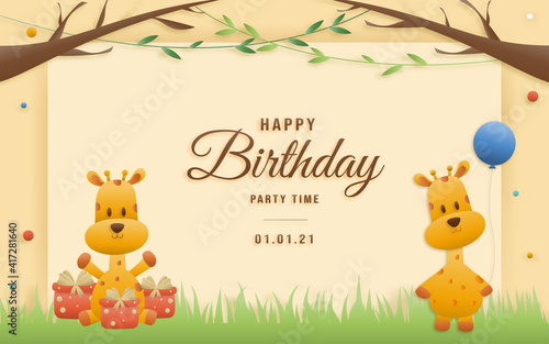 Birthday animals card. Greeting cards with cute safari or jungle animals giraffe with a gift box and balloon party in the tropical forest. Template invitation paper art style vector illustration.