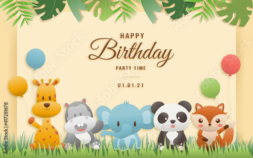 Birthday animals card. Greeting cards with cute safari or jungle animals giraffe, elephant, hippo, panda, fox party in the tropical forest. Template invitation paper art style vector illustration.