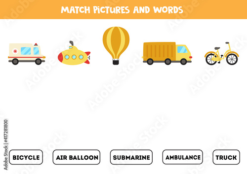Matching transport and the words. Educational game for kids.
