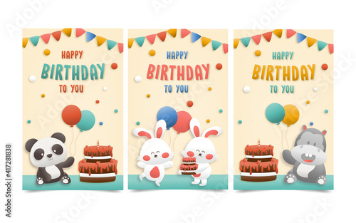Invitation birthday greeting card with a cute animal.  jungle animals celebrate children's birthday and template invitation paper art style vector illustration.