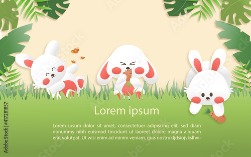 Cartoon happy birthday animals card. Greeting cards with cute safari or jungle animals three rabbit party in the tropical forest. Template invitation paper art style vector illustration.