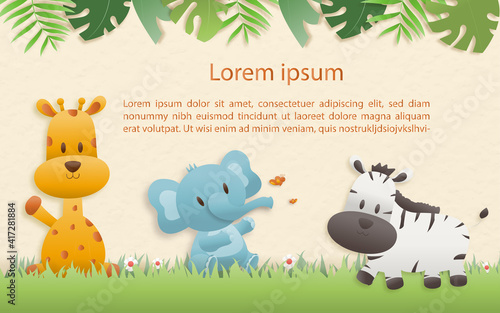 Cartoon happy birthday animals card. Greeting cards with cute safari or jungle animals giraffe, elephant, zebra party in the tropical forest. Template invitation paper art style vector illustration.