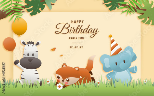 Cartoon happy birthday animals card. Greeting cards with cute safari or jungle animals giraffe, elephant, fox party in the tropical forest. Template invitation paper art style vector illustration.