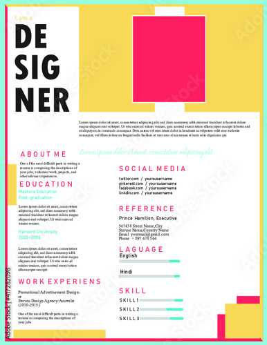 Professional CV resume template design for a creative person - vector minimalist - black and white