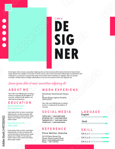 Professional CV resume template design for a creative person - vector minimalist - black and white