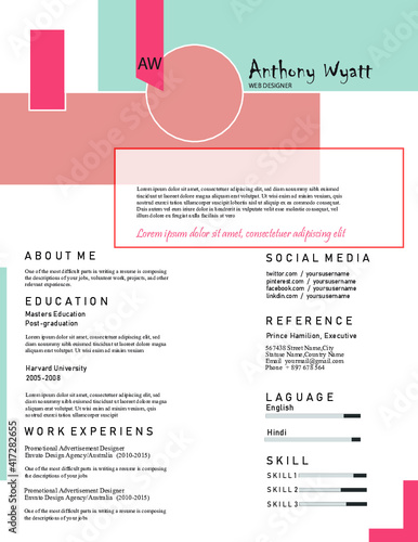 Professional CV resume template design for a creative person - vector minimalist - black and white