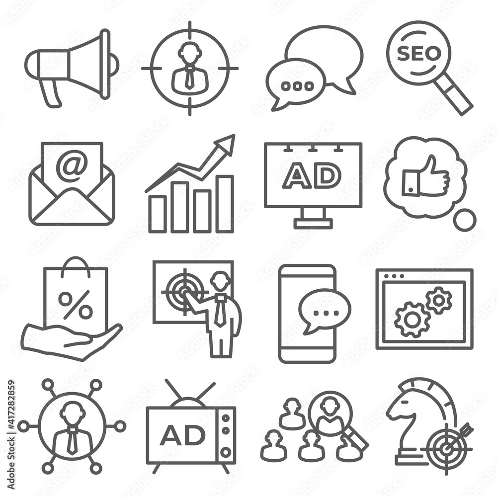 Advertising line icons on white background Advertising line icons on white background
