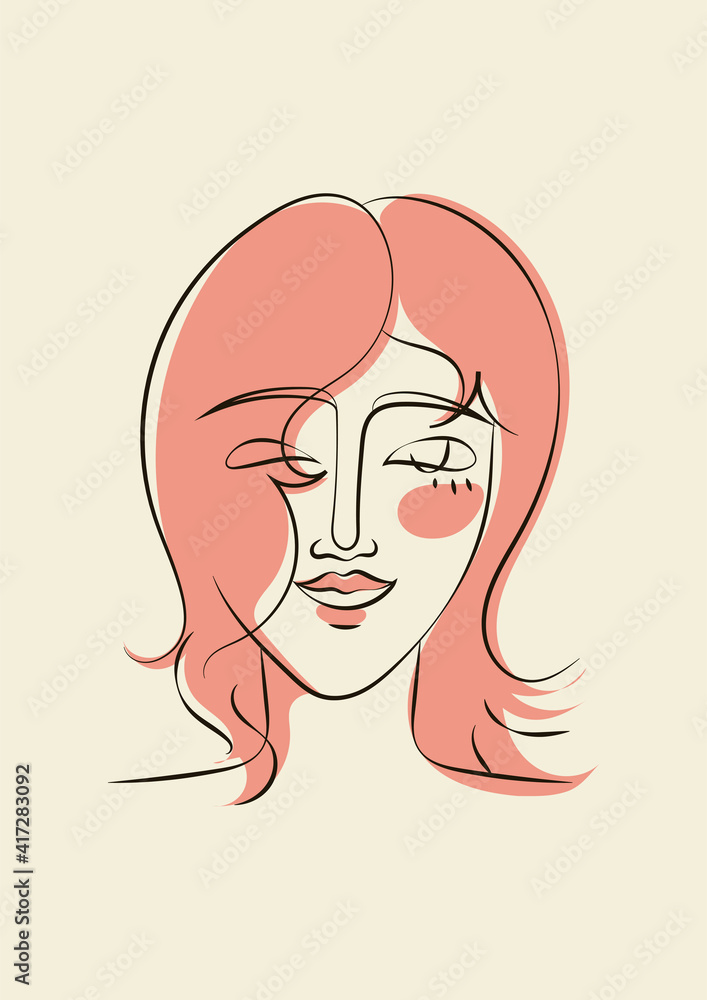 Hand drawn line art sophisticated woman portrait in minimalistic abstract graphic style. Sketch in soft pastel colors. Sensual. Bare skin. Isolated illustration. Light-skinned European woman