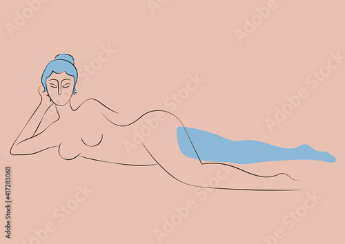 Hand drawn line art sophisticated woman portrait in minimalistic abstract graphic style. Sketch in soft neutral pastel colors. Sensual. Bare skin. Isolated illustration. Swarthy Asian woman