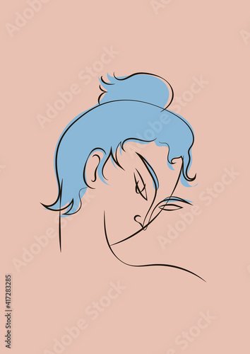 Hand drawn line art sophisticated woman portrait in minimalistic abstract graphic style. Sketch in soft neutral pastel colors. Sensual. Bare skin. Isolated illustration. Swarthy Asian woman