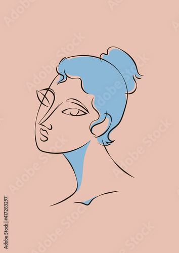 Hand drawn line art sophisticated woman portrait in minimalistic abstract graphic style. Sketch in soft neutral pastel colors. Sensual. Bare skin. Isolated illustration. Swarthy Asian woman