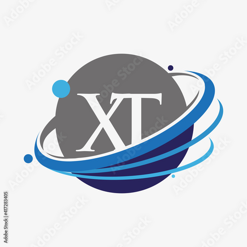 initial letter XT logotype company name colored blue and grey swoosh and globe design. isolated on white background.