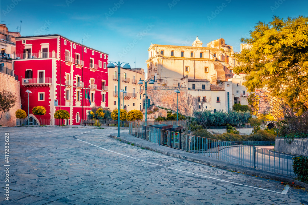 Amazing spring cityscape of Ragusa town. Colorful morning scene of Sicily, Italy, Europe. Traveling concept background.
