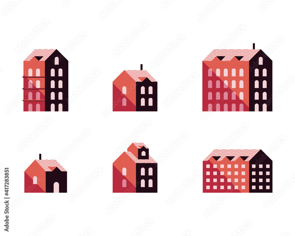 Fototapeta premium bundle of six buildings red minimal city set icons