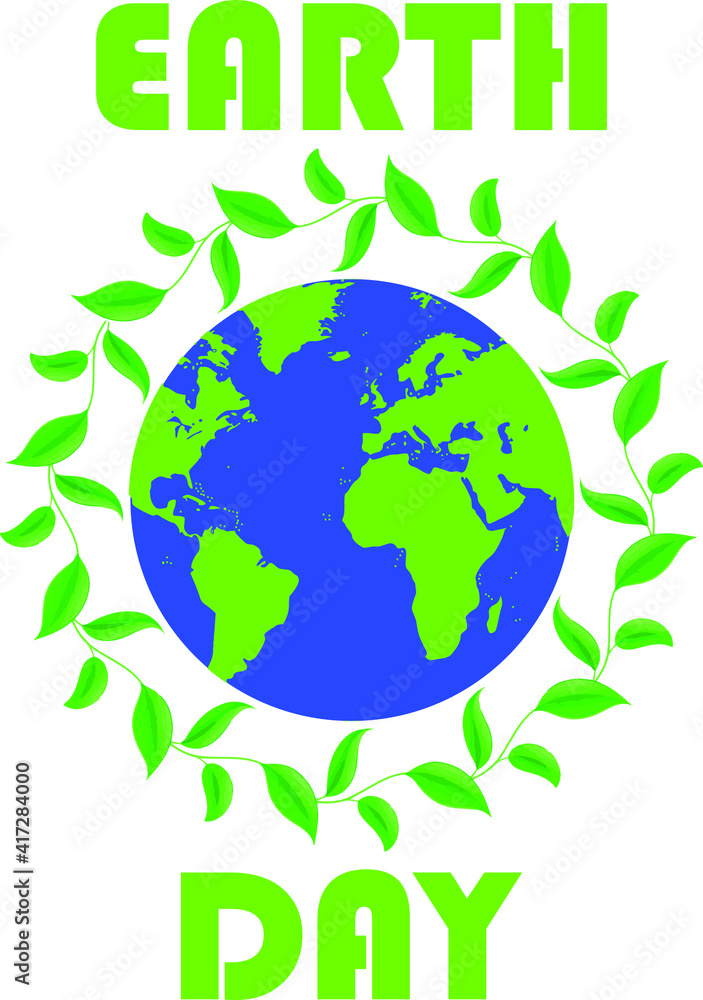 Earth Globe Vector Illustration with Halo Circles from arrangement of Leaves and Earth Day Writing. To celebrate Earth Day