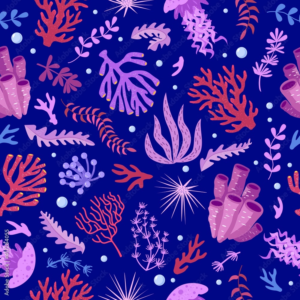 Seamless pattern with marine fauna - corals, jellyfish, sea anemones, seaweed, sea urchin, bubbles