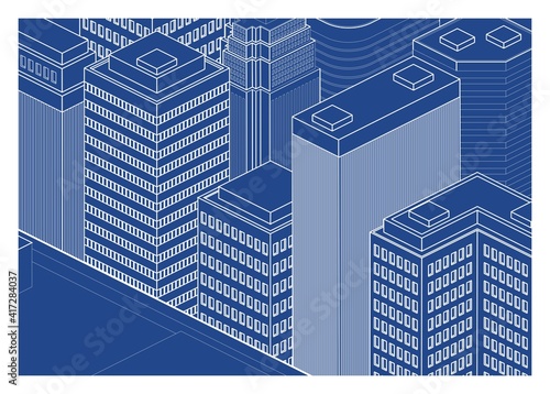 City buildings. Blueprint style illustration in isometric view.