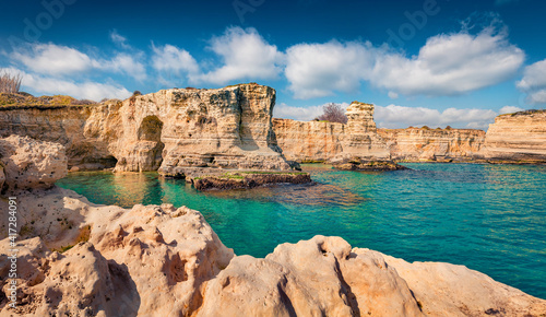 Beautiful marine scenery. Impressive summer view of popular tourist attraction - Torre Sant'Andrea. Incredible morning seascape of Adriatic sea, Torre Sant'Andrea village location, Italy.