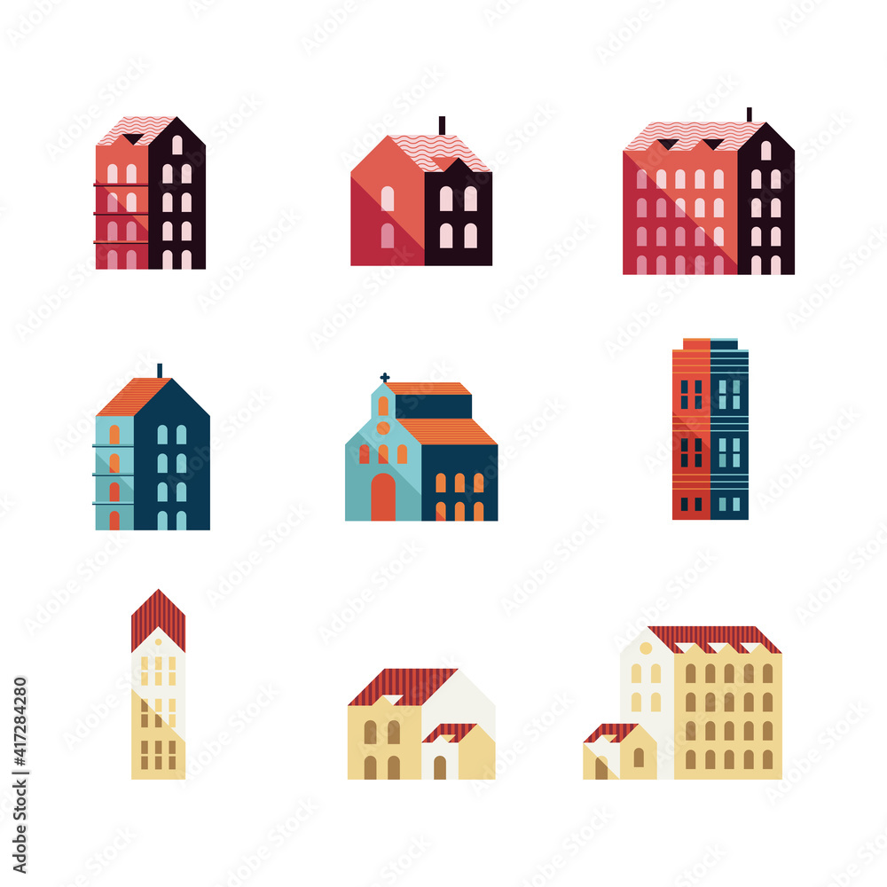 bundle of nine buildings minimal city set icons bundle of nine buildings minimal city set icons