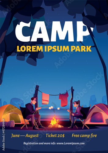 Summer camp in nature park poster. Vector flyer with cartoon landscape of river, forest, tents and people roast marshmallows on fire. Campsite banner with bonfire on lake shore