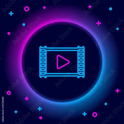 Glowing neon line Movie clapper icon isolated on black background. Film clapper board. Clapperboard. Cinema production or media industry concept. Colorful outline concept. Vector.