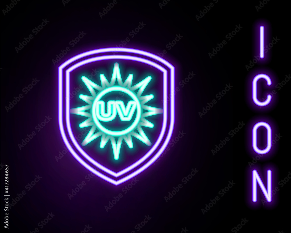 Glowing neon line UV protection icon isolated on black background. Ultra violet rays radiation. SPF sun sign. Colorful outline concept. Vector. Glowing neon line UV protection icon isolated on black background. Ultra violet rays radiation. SPF sun sign. Colorful outline concept. Vector.