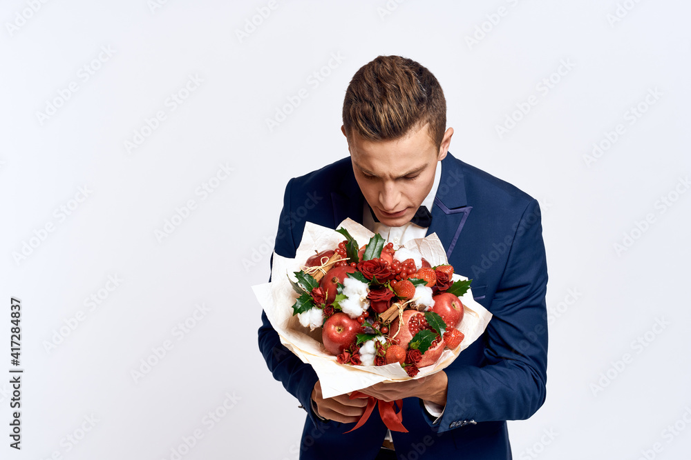 Man with bouquet of flowers date romance gift lifestyle Man with bouquet of flowers date romance gift lifestyle